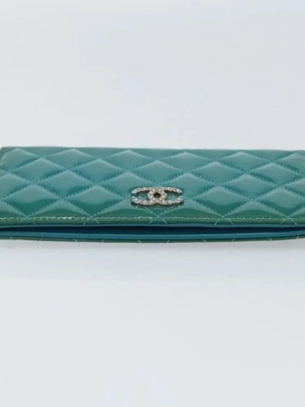 CHANEL Matelasse Long Wallet Patent leather Blue Silver CC Auth 153143